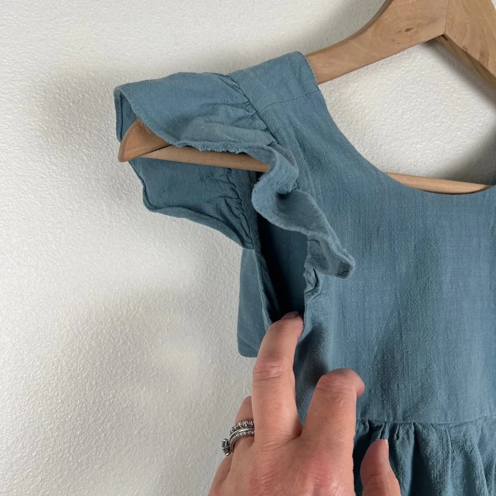 Girls Slate Blue Cotton Gauze Flutter Sleeve Open Back Tie Dress Size 110 5T